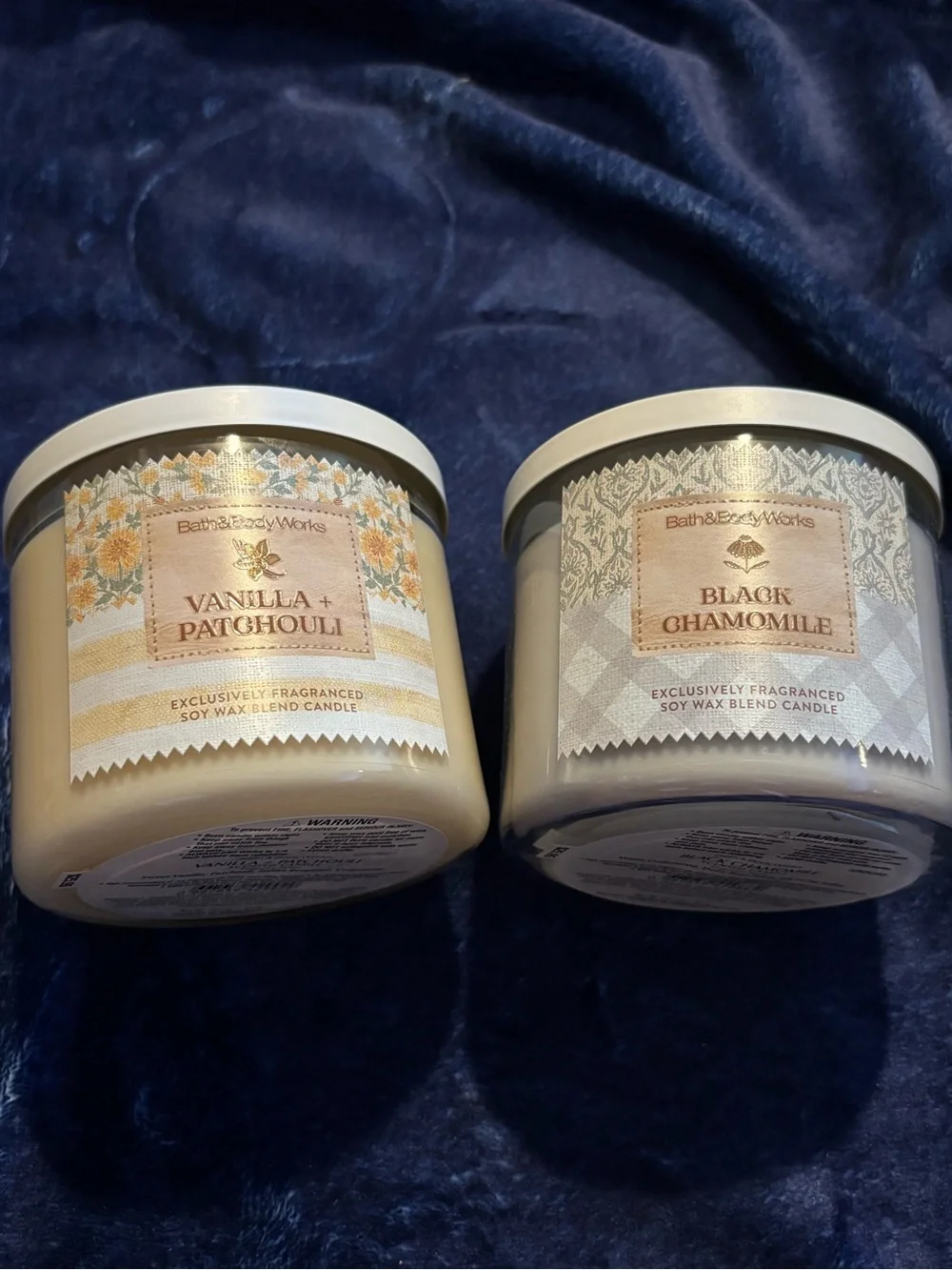 Bath & Body Works Vanilla + Patchouli and Black Chamomile Candles - Cream & Gray